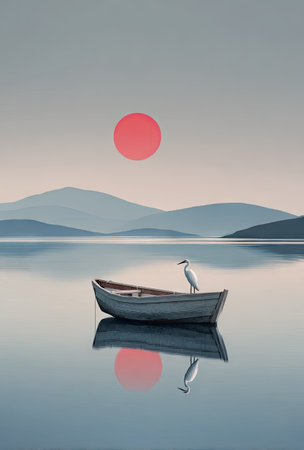 Fantasy image of a boat on the lake with a seagull in the backgroundの素材