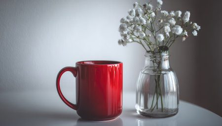 Red coffee cup and vase with gypsophila flowers on white tableの素材