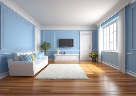Interior of a living room with blue walls and wooden floor - renderingの素材