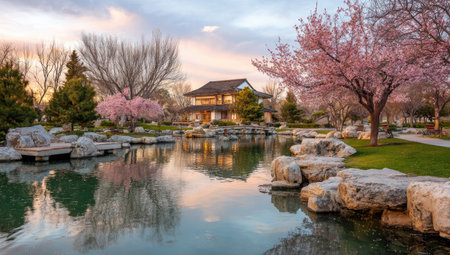 Korean traditional garden with cherry blossoms and pond at sunset.の素材