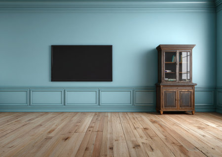 Classic interior with blue walls, wooden floor and TV stand. 3d renderの素材