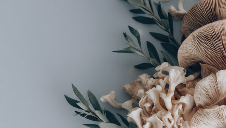 Oyster mushrooms and eucalyptus leaves on blue backgroundの素材