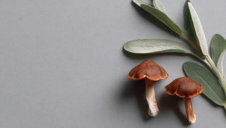 Edible mushrooms on a gray background, top view, copy spaceの素材