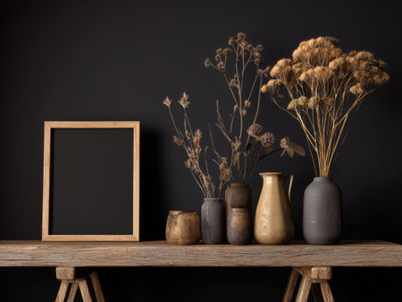 Wooden shelf with vases of dried flowers and empty frame in interior. 3d renderの素材