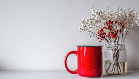 Red mug and vase with gypsophila flowers on a white backgroundの素材