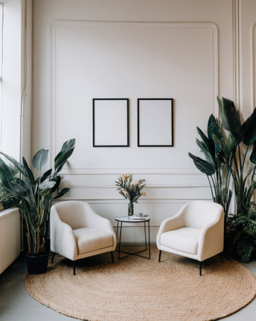 Living room interior with two white armchairs and plant in vase.の素材