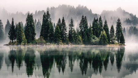 Foggy morning on the lake with pine trees in the foregroundの素材