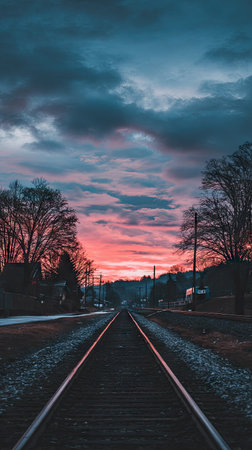 Railway tracks at sunset. Railway tracks at sunset. Railway background.の素材