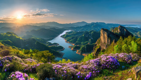 Mountain landscape with azalea flowers at sunrise. Beautiful natural scenery.の素材