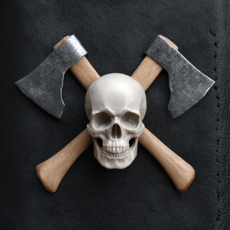 Skull and two axes on a black leather background, top viewの素材