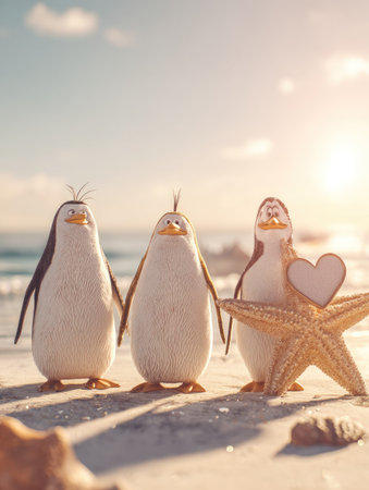 Cute penguins with starfish on the beach. Valentines day conceptの素材