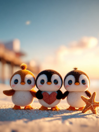 Penguins with starfish on the beach at sunset. Valentines day concept.の素材
