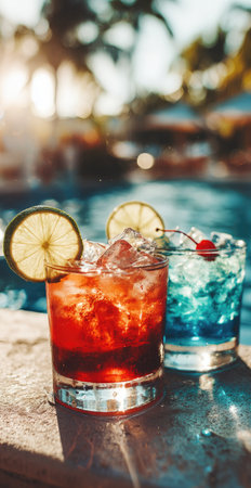 Cocktail with lime and ice on the background of the poolの素材