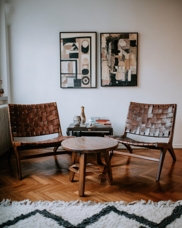 Interior of a living room with wooden chairs and a coffee tableの素材