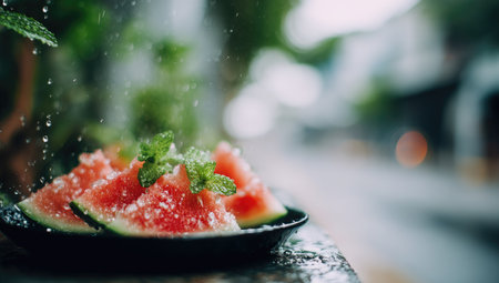 Watermelon slices in a black plate with water drops on a wooden tableの素材