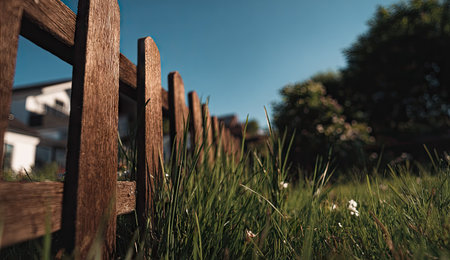 Wooden fence in the green grass on a background of blue skyの素材