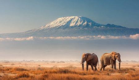 Elephants and Mt Kilimanjaro in Tanzania, Africaの素材