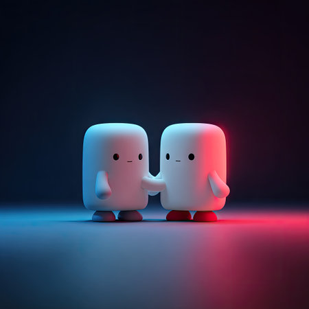 3d illustration of two cartoon characters holding hands, in neon lightの素材
