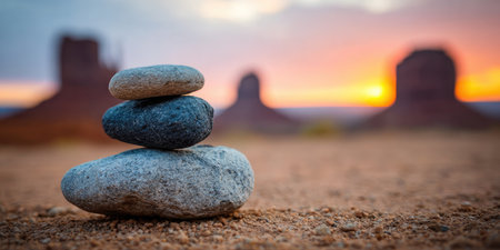Pile of zen stones at sunset in Monument Valley, Arizonaの素材
