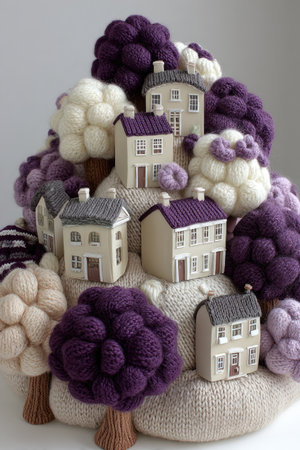 Handmade knitted houses made of woolen yarn and knitting needlesの素材