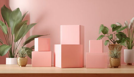 3d render of pink podium for product display with tropical plant.の素材