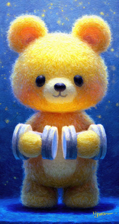 Teddy bear with dumbbells on the background of the starry skyの素材