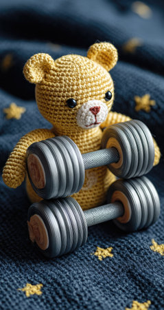 Teddy bear and dumbbells on a blue knitted backgroundの素材