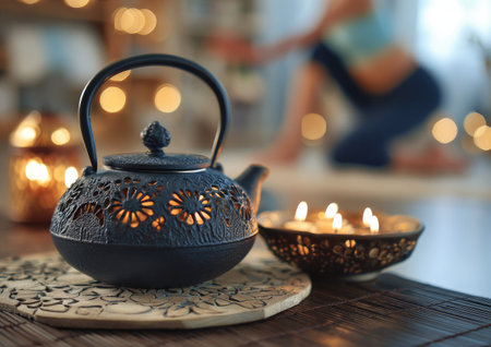 Ceramic teapot and burning candles on table in roomの素材
