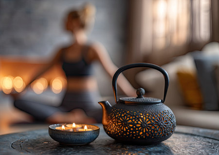 Cup of tea with teapot and candle on table in roomの素材