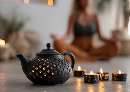 Beautiful teapot and burning candles on grey table in roomの素材