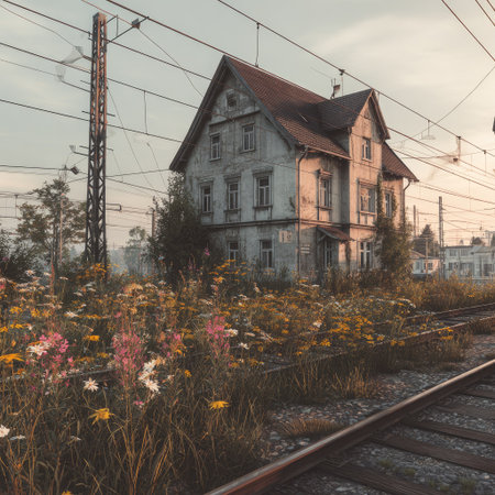 Old train station in the village. Retro style toned picture.の素材