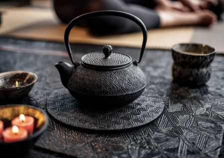 Tea ceremony with teapot and candles on black wooden table.の素材