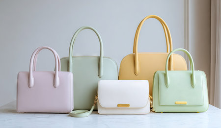 Women's leather handbags in pastel colors on white marble table.の素材