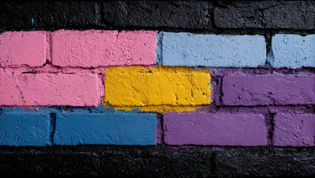 Colorful brick wall texture with yellow, blue and red stripes.の素材