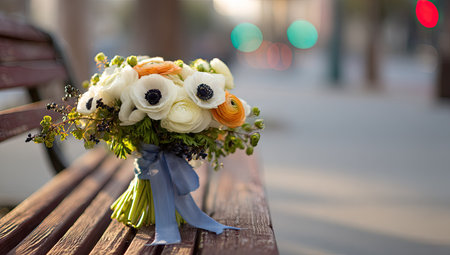 Wedding bouquet on a bench in the city at sunsetの素材