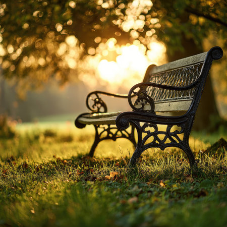 Bench in the park at sunset with a beautiful bokeh.の素材