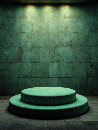 Green round podium on the concrete floor. 3d render illustration.の素材