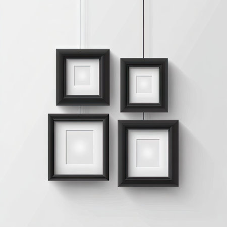 Set of black frames hanging on a white wall. Vector illustration.の素材