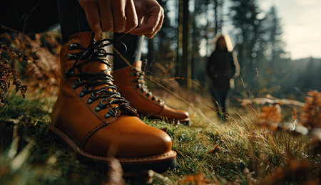 Hiking in the mountains. A man and a woman are walking in the woods.の素材