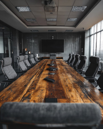 Interior of modern conference room with wooden table and black chairs.の素材
