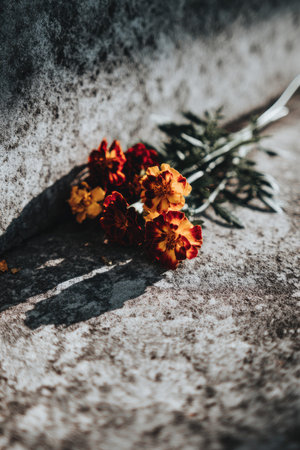 bouquet of marigold flowers on a concrete background.の素材
