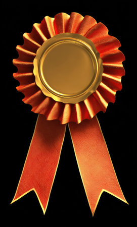 Gold medal with ribbons on black background. 3d illustration.の素材