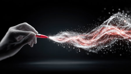 Close up of human hand holding red pen with glowing lines on dark backgroundの素材