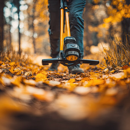 A man with a scooter walks through the autumn forest. The concept of active lifestyleの素材