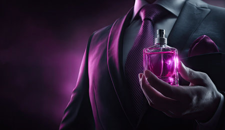 Close up of man in suit holding perfume bottle in hand. Mixed mediaの素材
