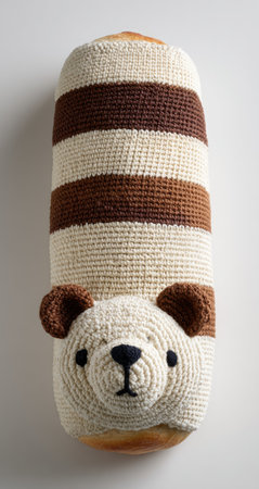 Cute knitted bear doll on a white background. Studio shot.の素材