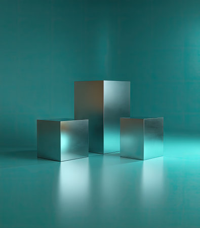 Abstract blue background with geometric shapes. 3d rendering. Square podium.の素材