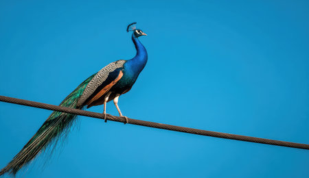 Peacock standing on a wire against a blue sky with copy spaceの素材