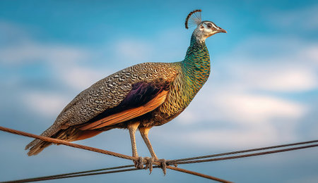 Beautiful peacock on the wire with blue sky and cloud backgroundの素材