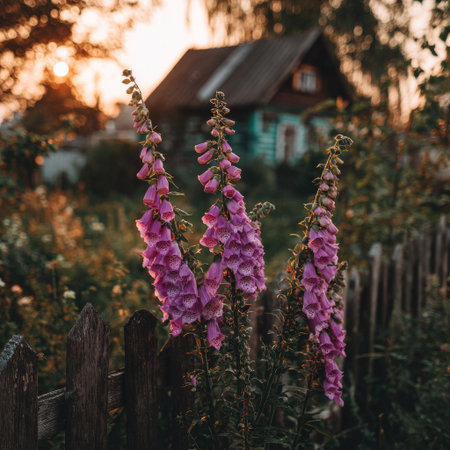 Beautiful foxglove flowers on the background of a wooden houseの素材
